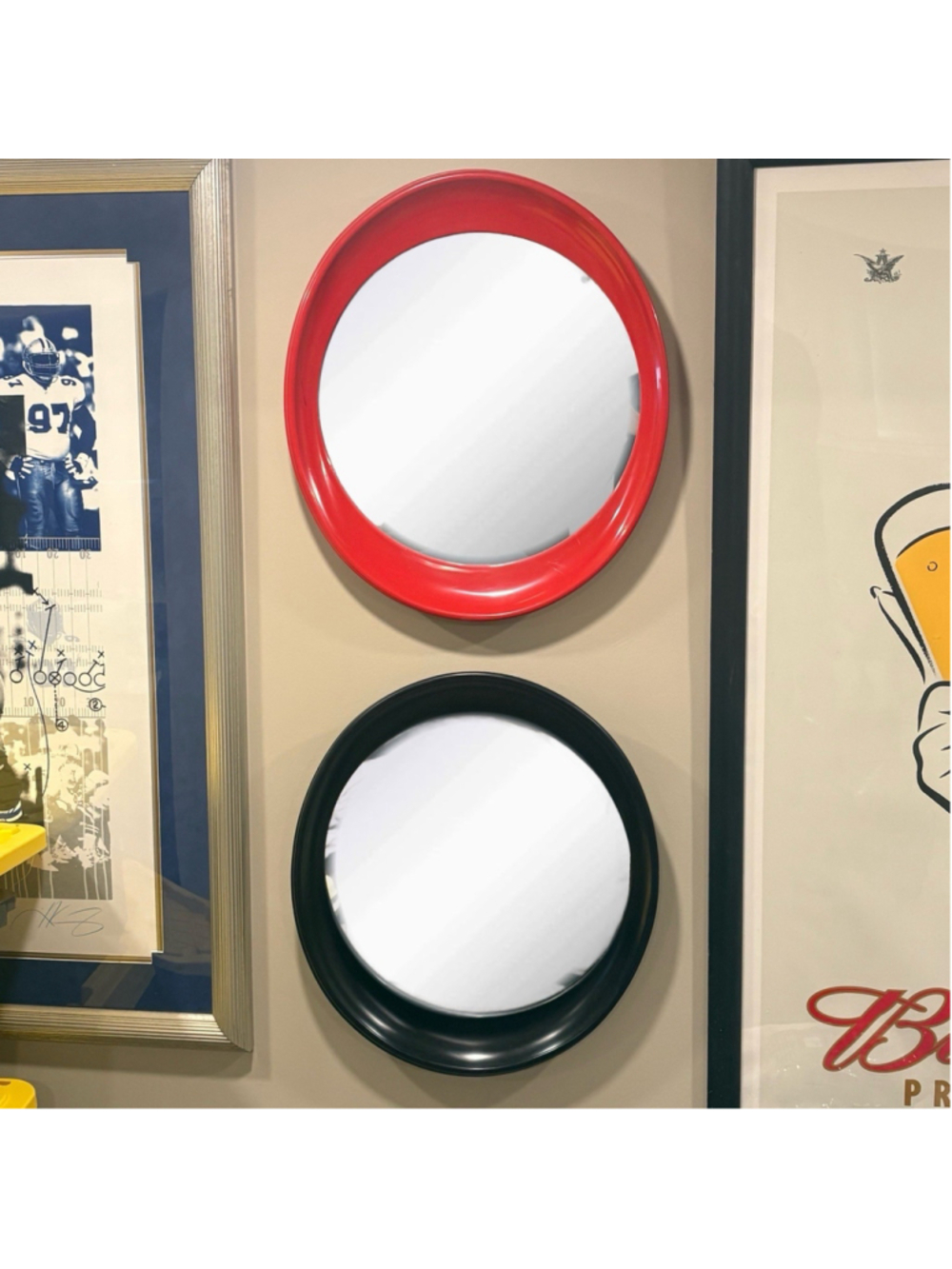 Vtg Space Age Postmodern Round Plastic Wall Mirror Set Red Black 80s MCM Decor